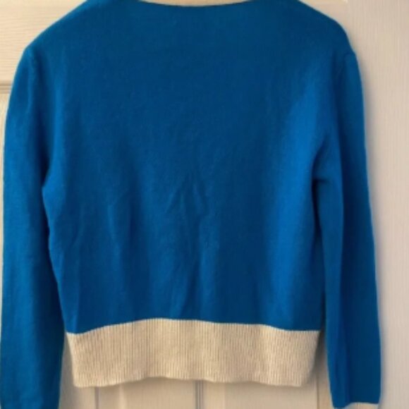 SMALL Pure Cashmere Long Sleeve V Neck Cardigan Sweater Teal Blue/Cream NWOT- - Picture 2 of 7